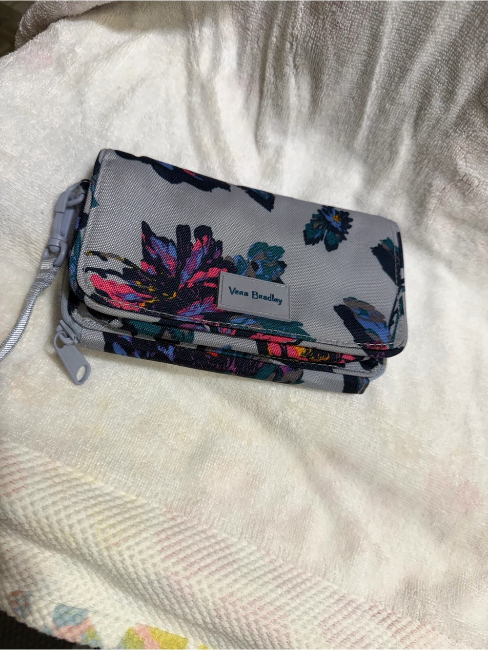 Vera Bradley Gray Floral Wristlet Wallet with Multicolor Blooms